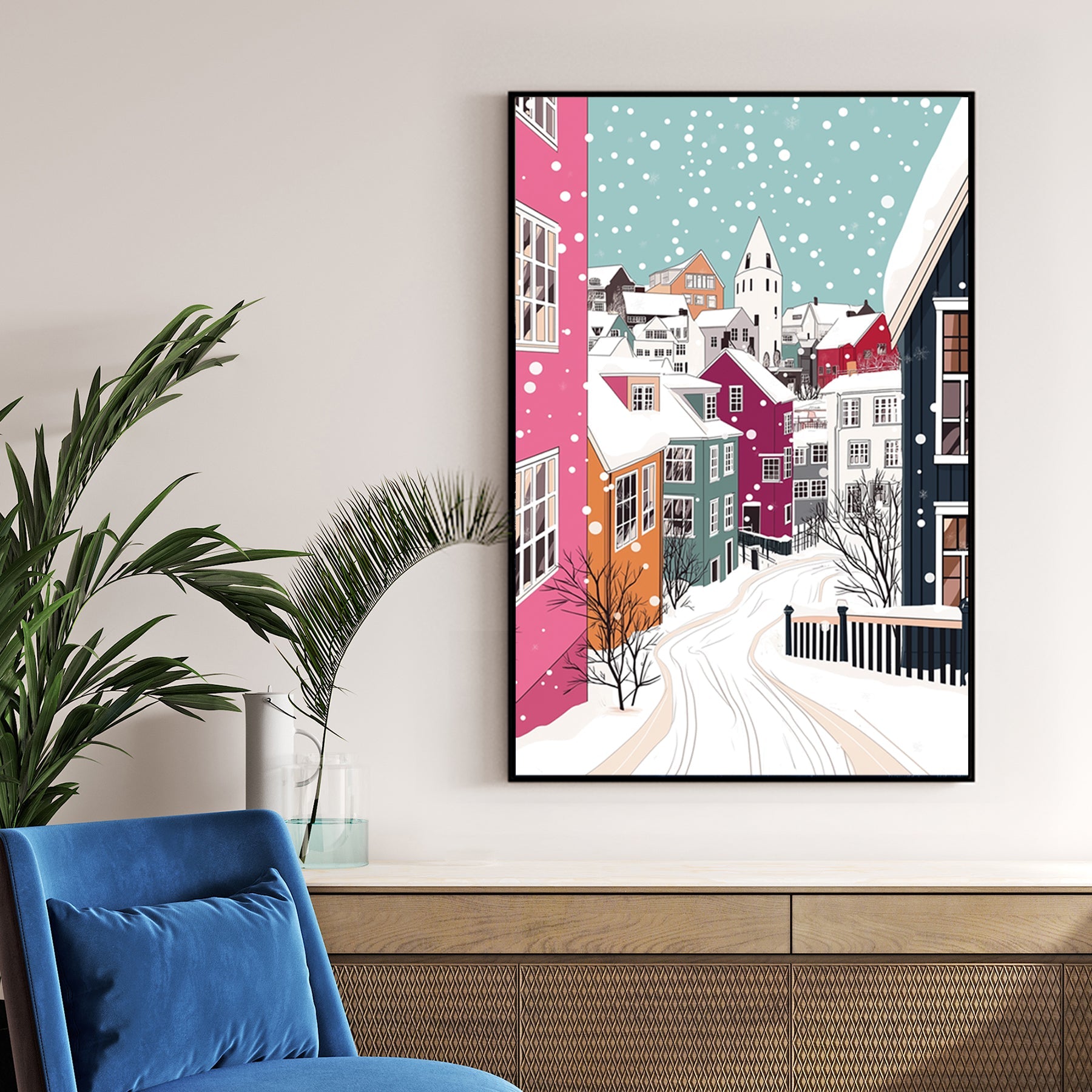 colourful winter village wall art with snowy houses