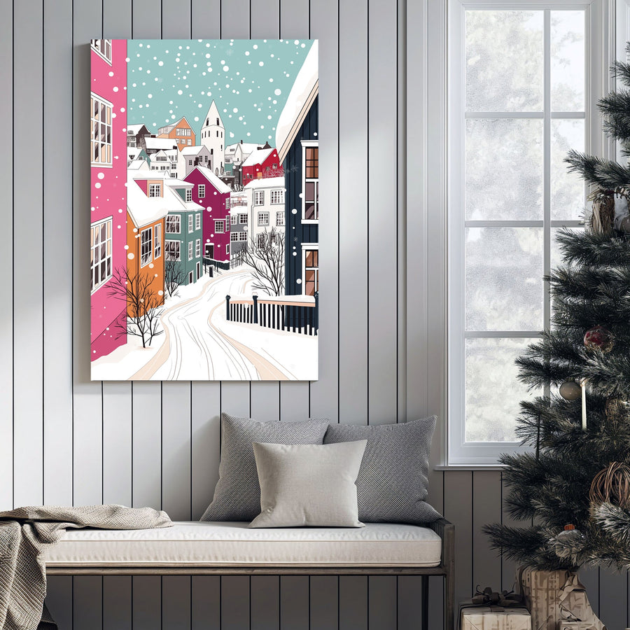 colourful winter village wall art with snowy houses