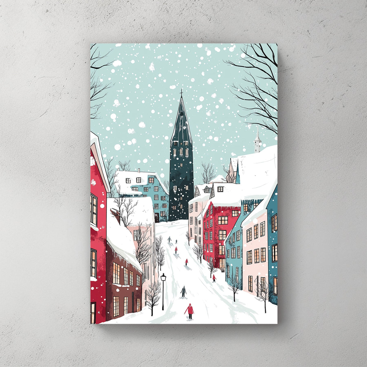 snowy Christmas village street wall art illustration