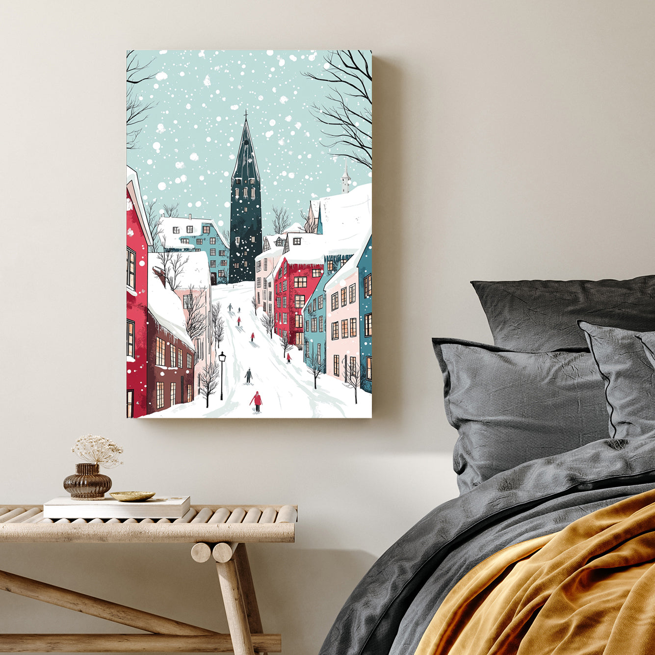 snowy Christmas village street wall art illustration