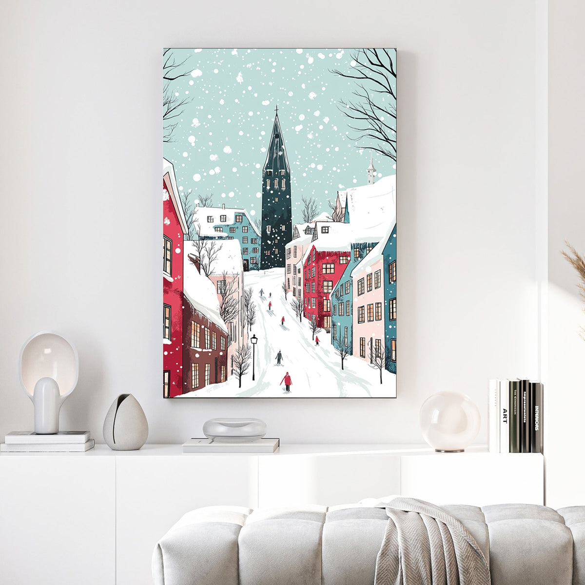 snowy Christmas village street wall art illustration