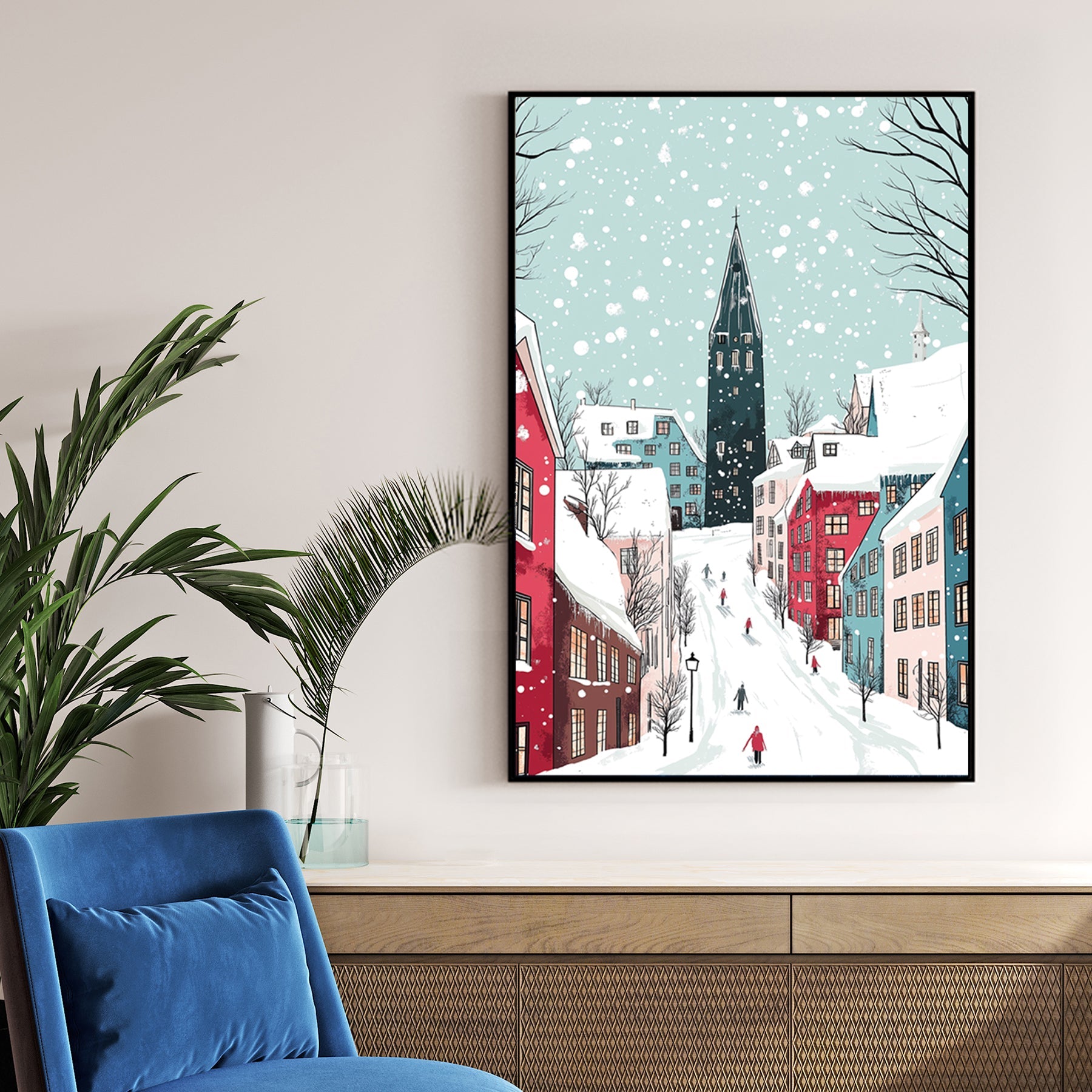 snowy Christmas village street wall art illustration
