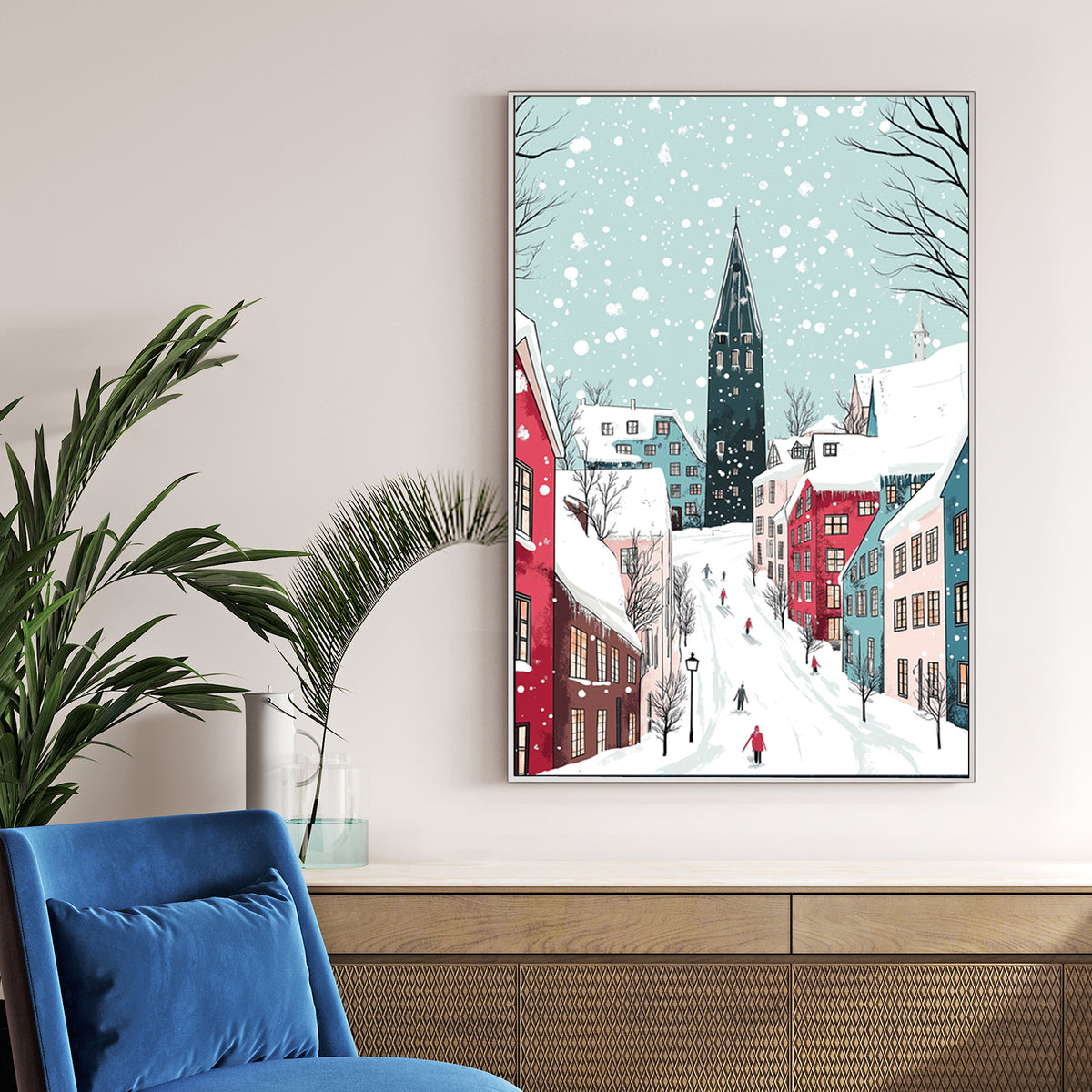 snowy Christmas village street wall art illustration