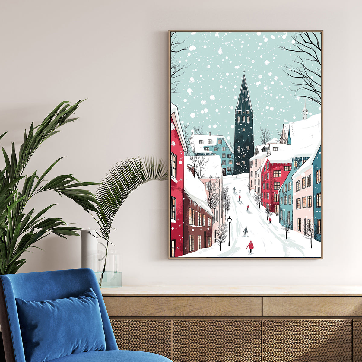 snowy Christmas village street wall art illustration