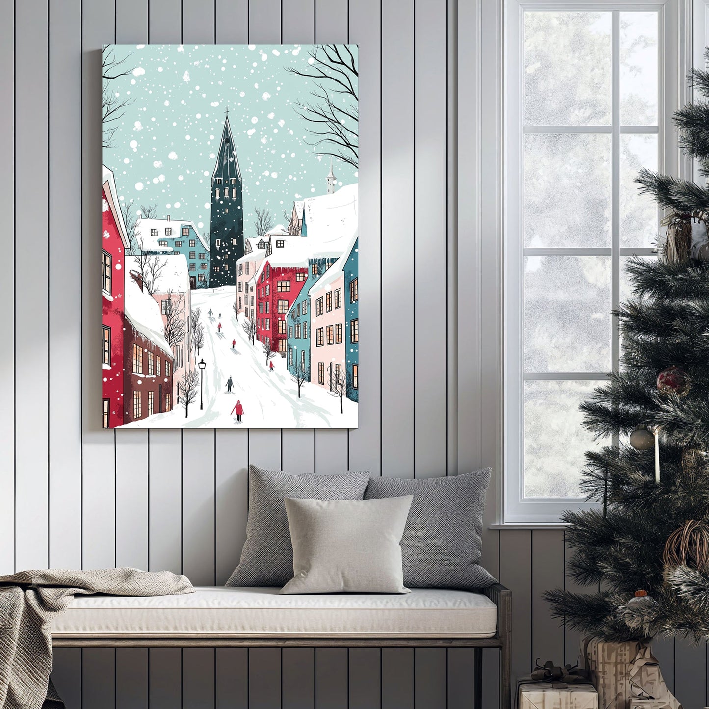 snowy Christmas village street wall art illustration