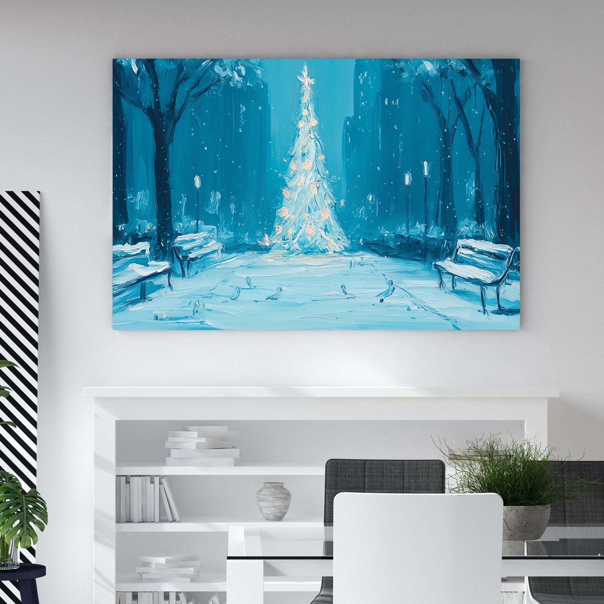 midnight park Christmas tree winter wall art print