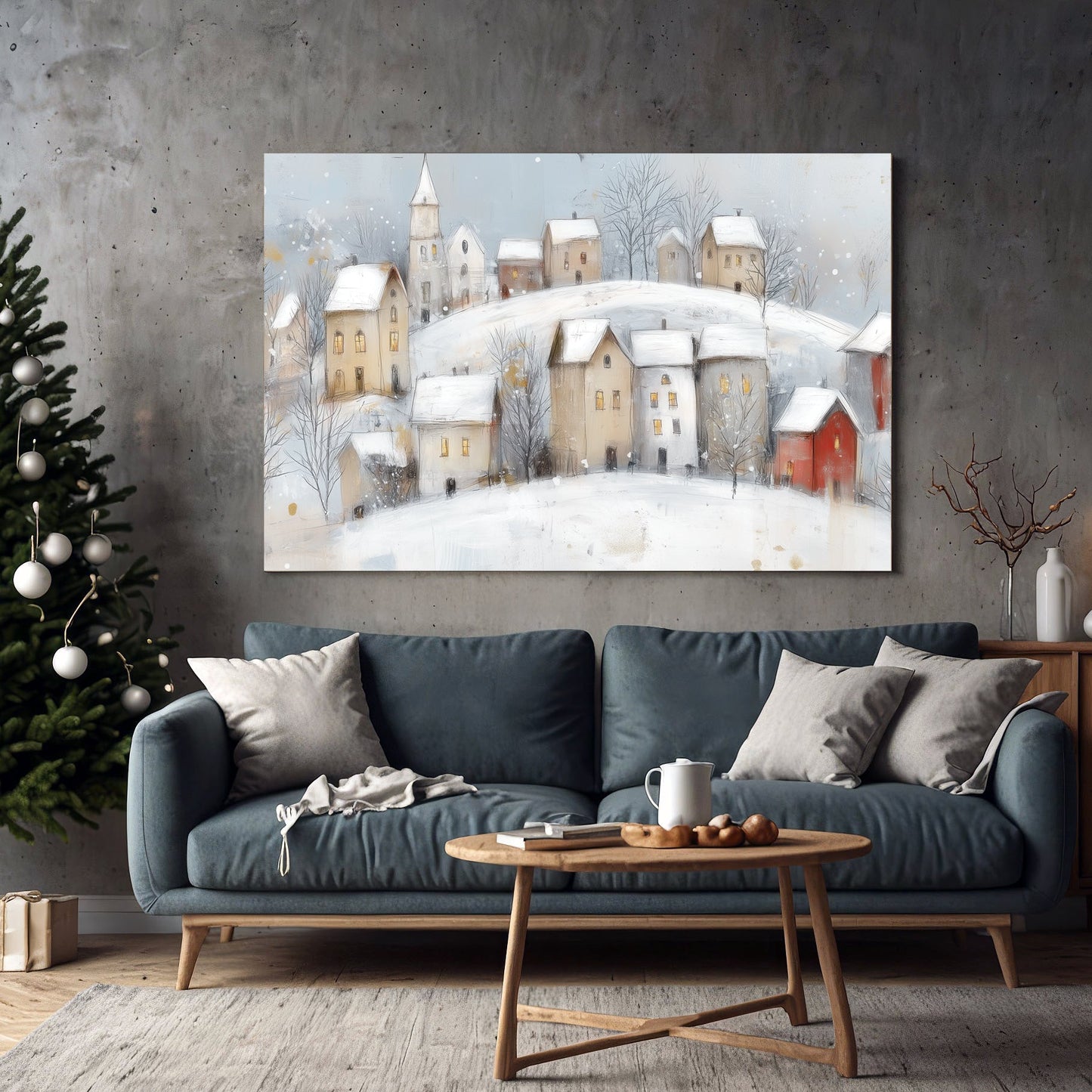 snowy village winter scene wall art print