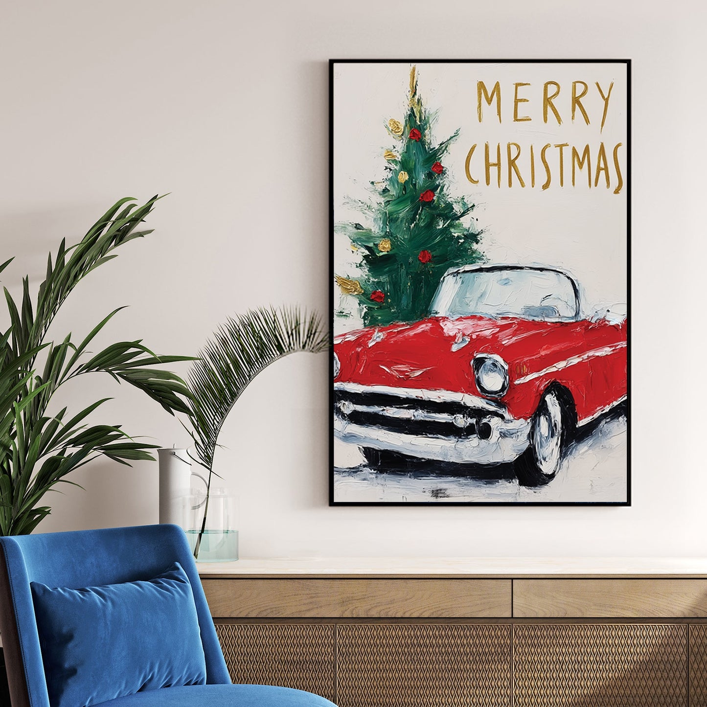 vintage Christmas car holiday wall art print
