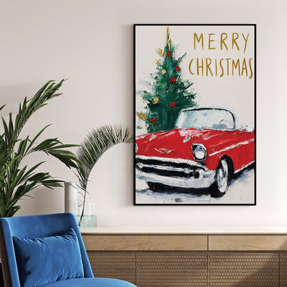vintage Christmas car holiday wall art print