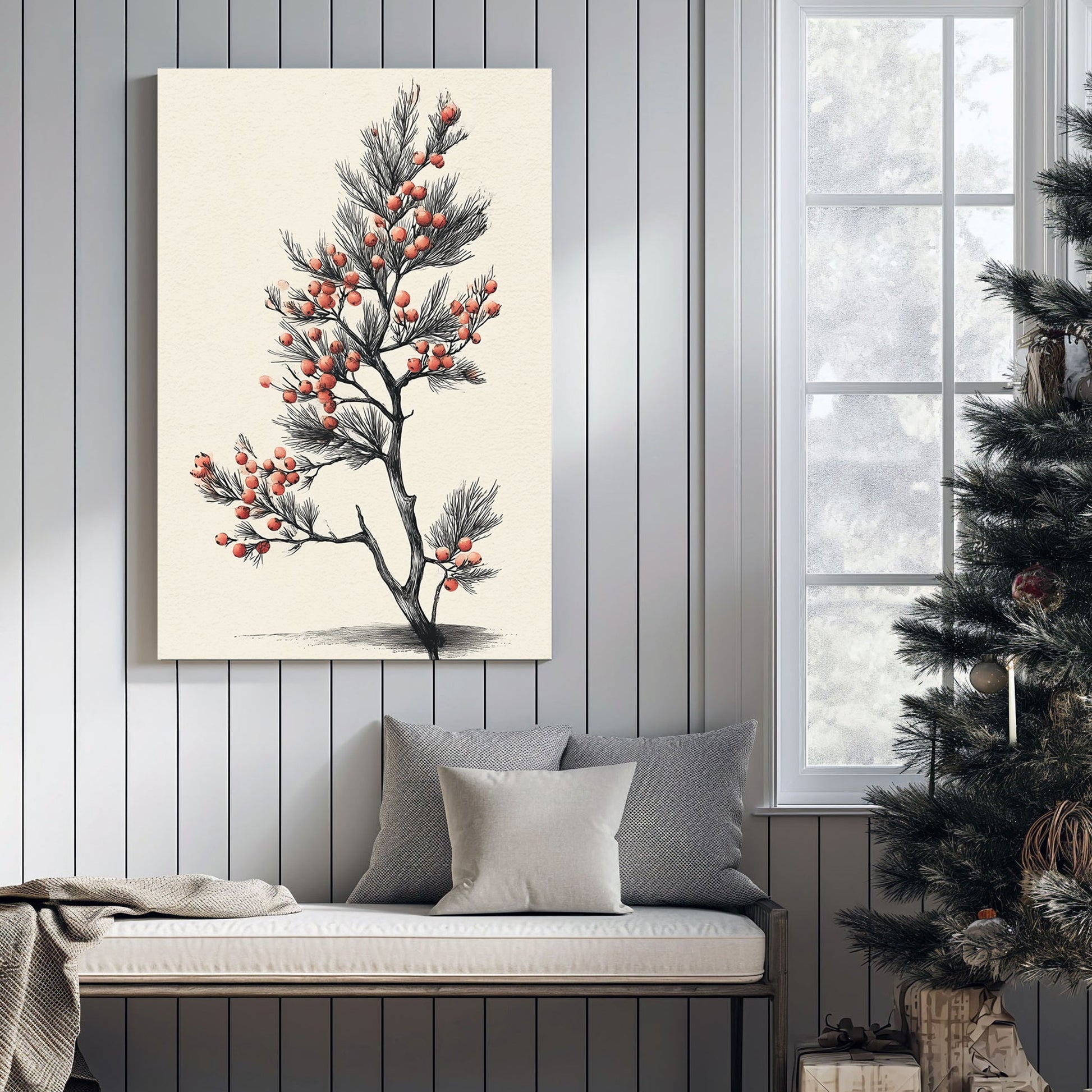 minimalist winter berry botanical wall art illustration