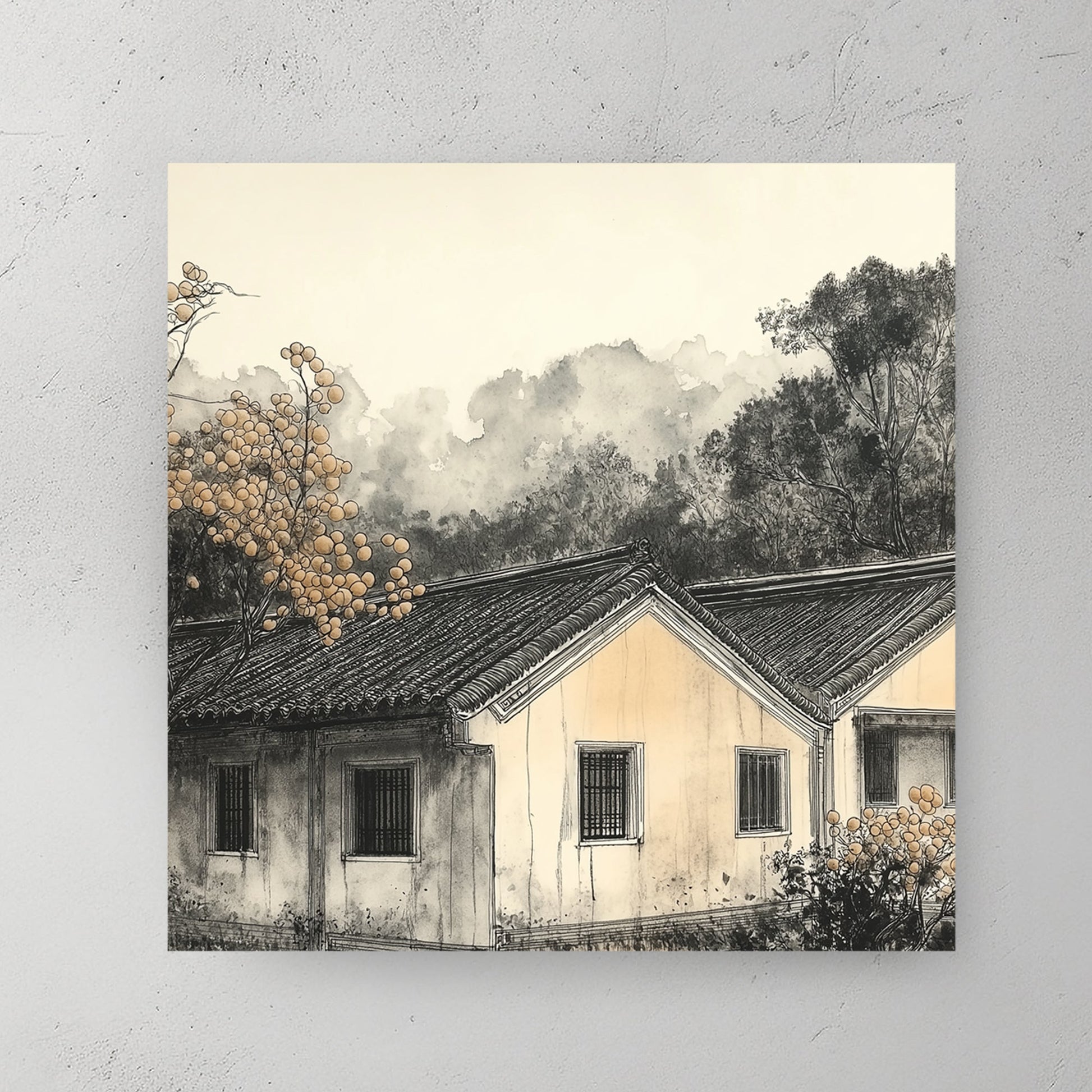 misty countryside house landscape wall art in ink style