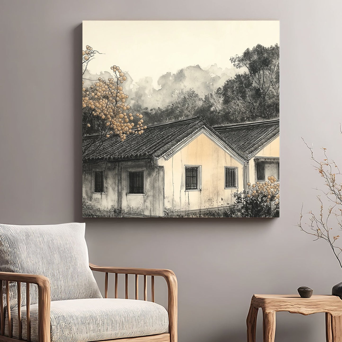 misty countryside house landscape wall art in ink style
