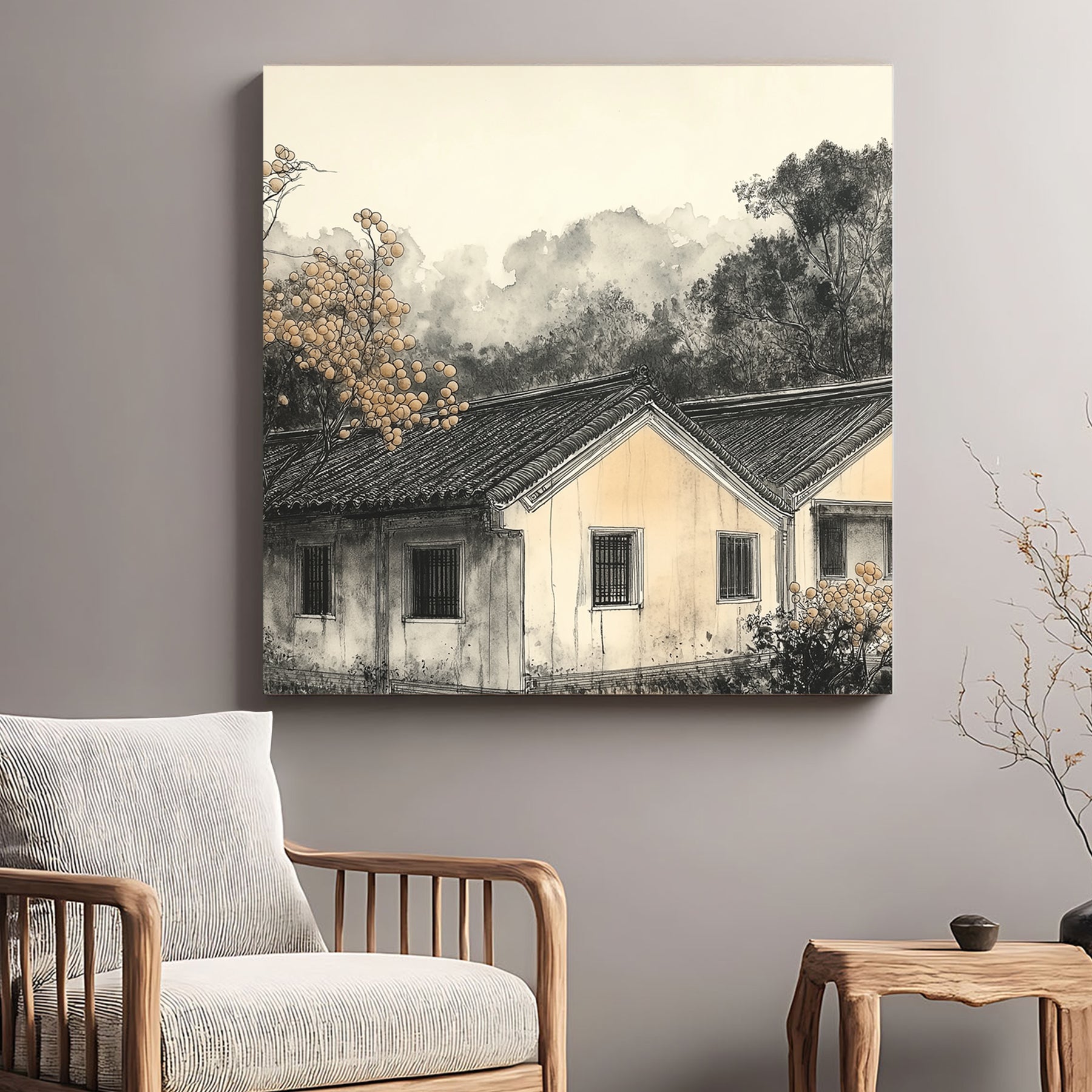 misty countryside house landscape wall art in ink style