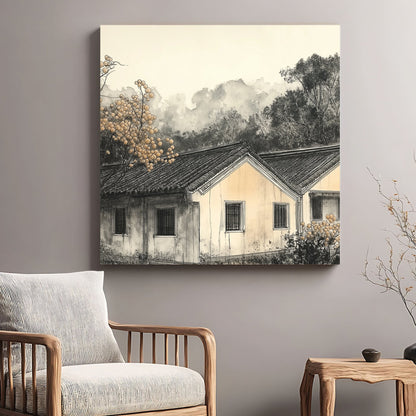 misty countryside house landscape wall art in ink style