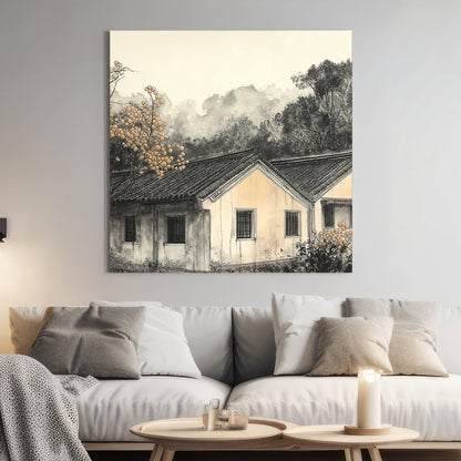 misty countryside house landscape wall art in ink style