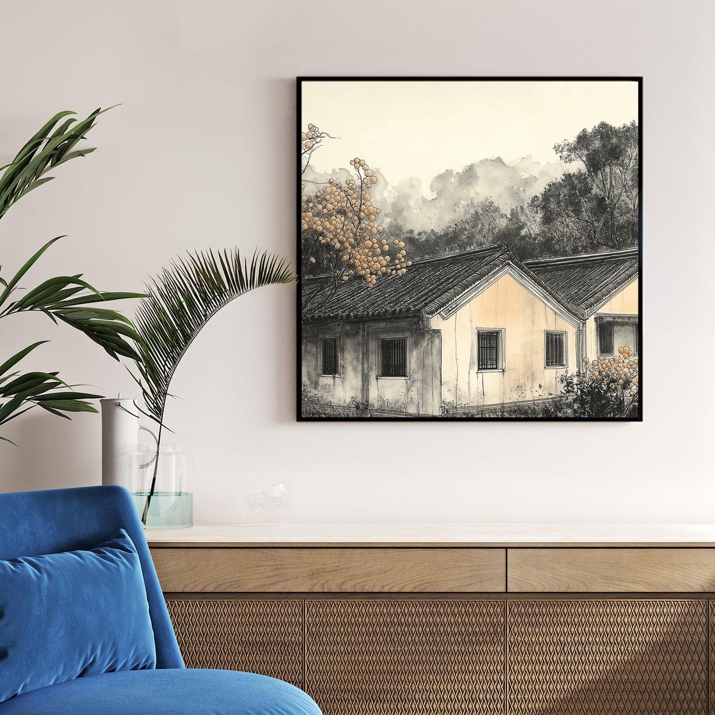 misty countryside house landscape wall art in ink style