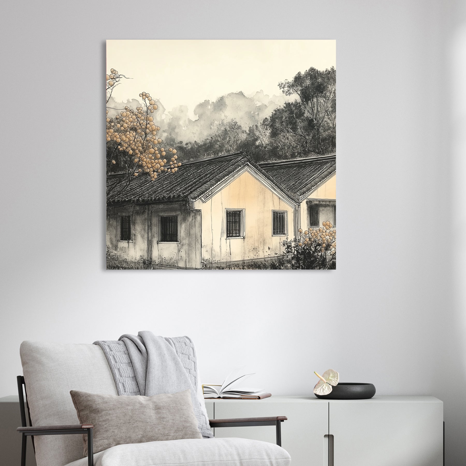 misty countryside house landscape wall art in ink style