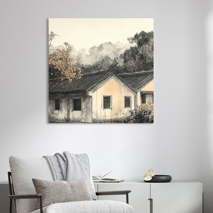 misty countryside house landscape wall art in ink style