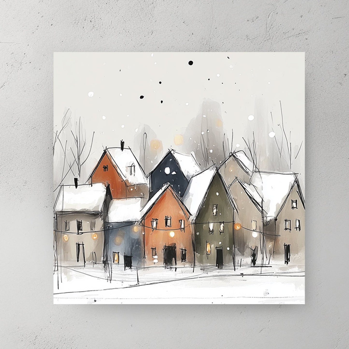 snowy village watercolor wall art with glowing houses