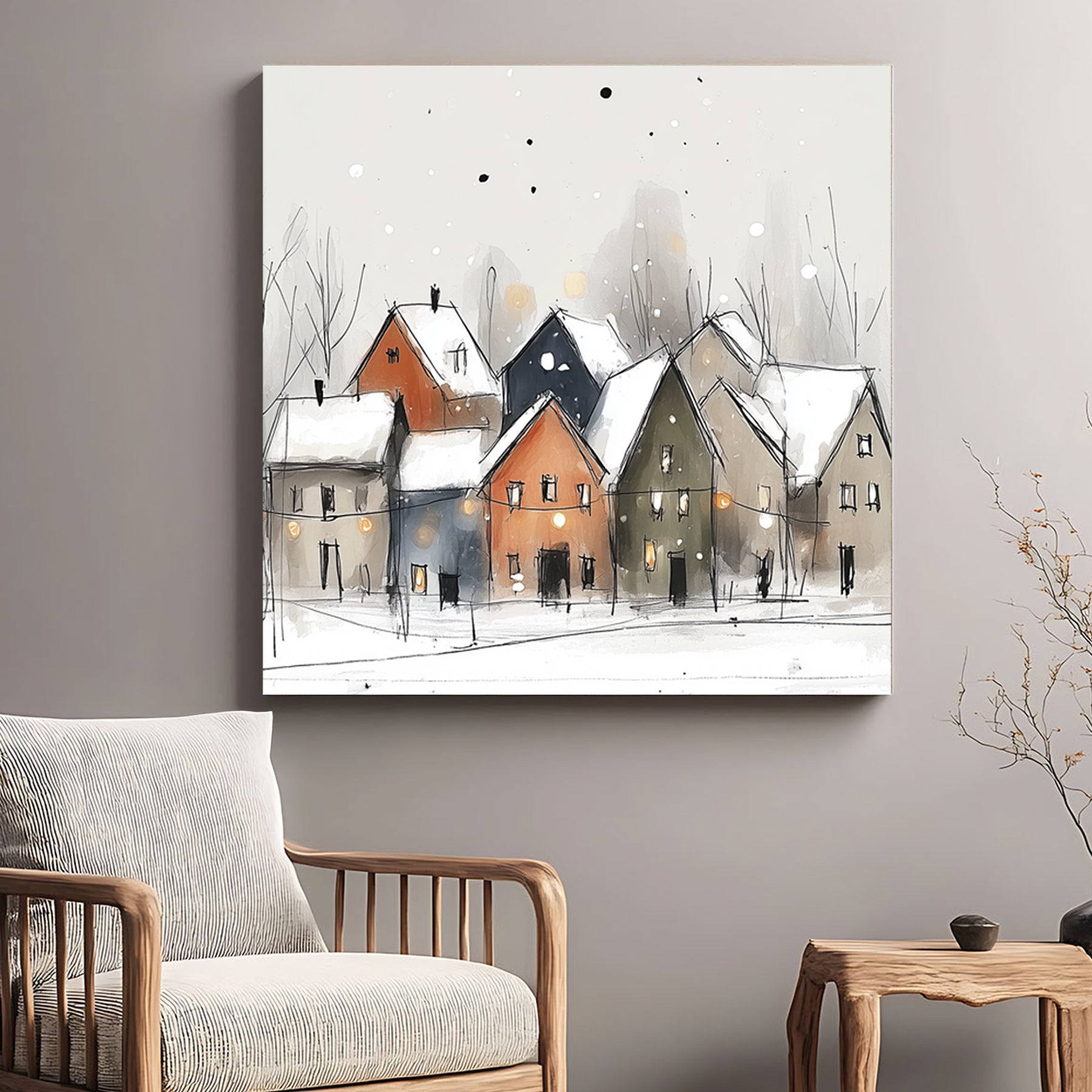 snowy village watercolor wall art with glowing houses
