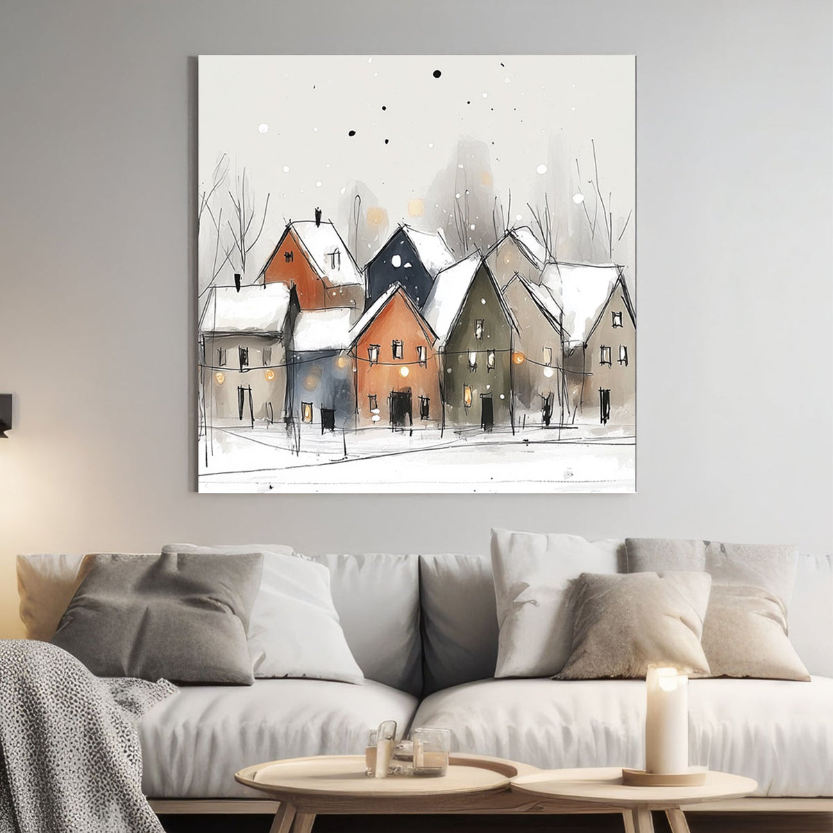 snowy village watercolor wall art with glowing houses