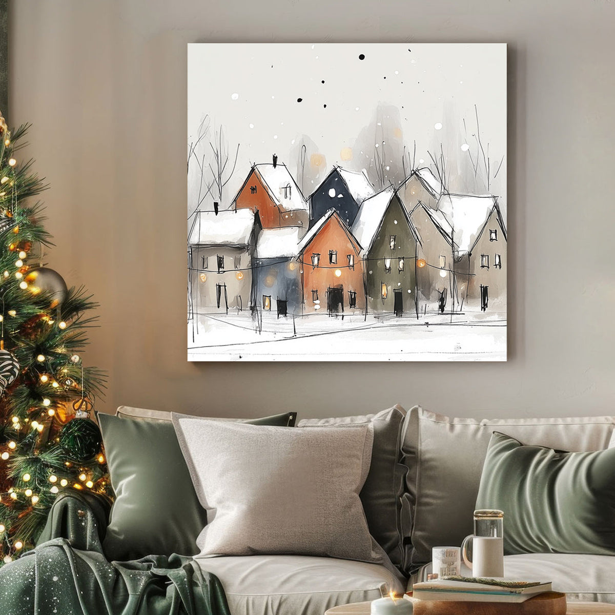 snowy village watercolor wall art with glowing houses
