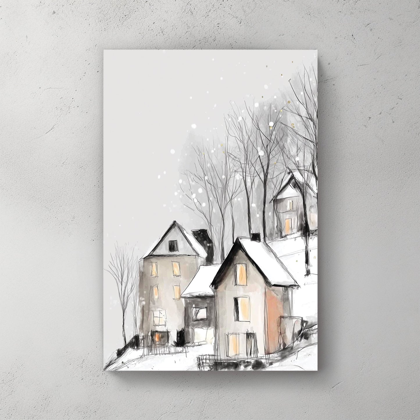 snowy hilltop village winter wall art illustration