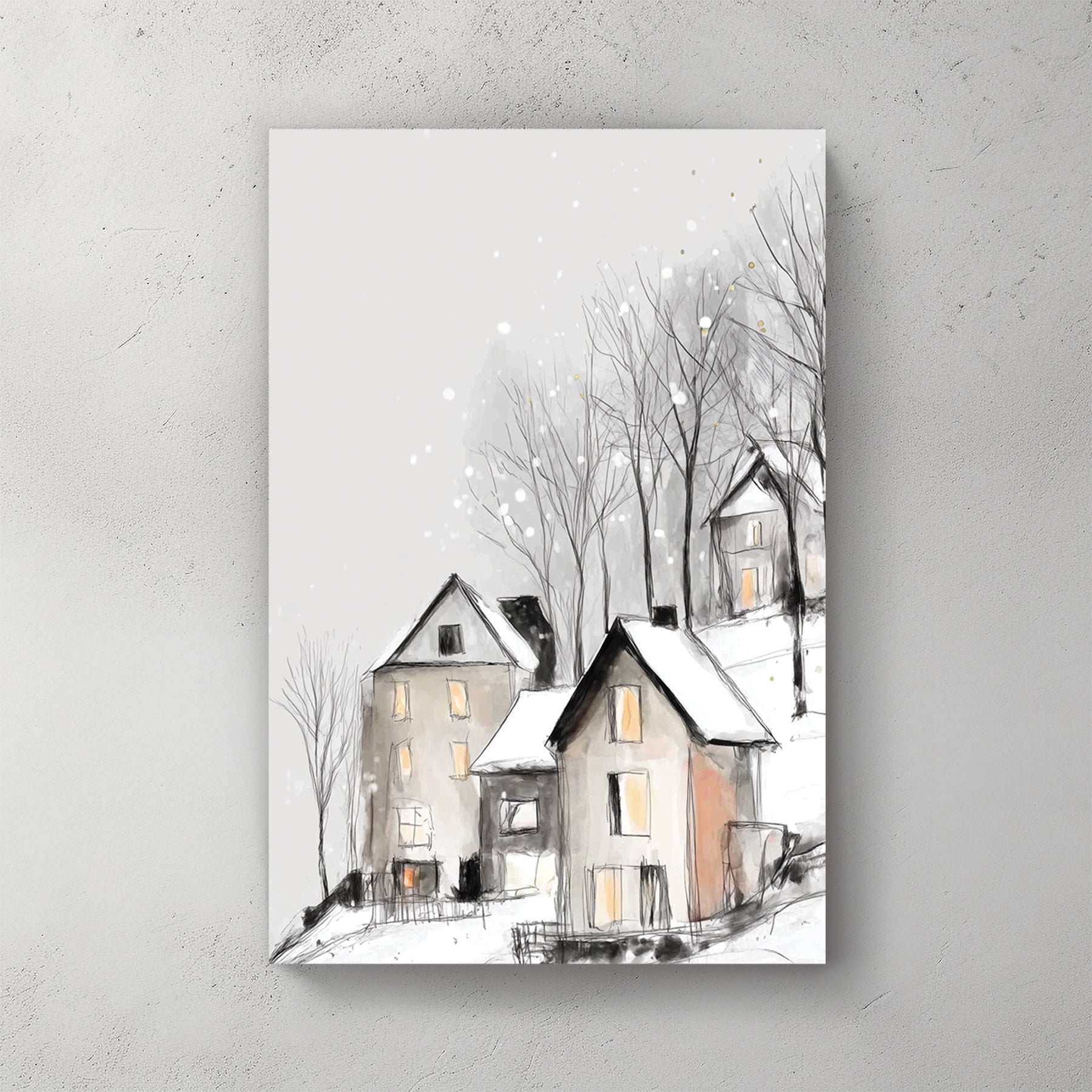 snowy hilltop village winter wall art illustration