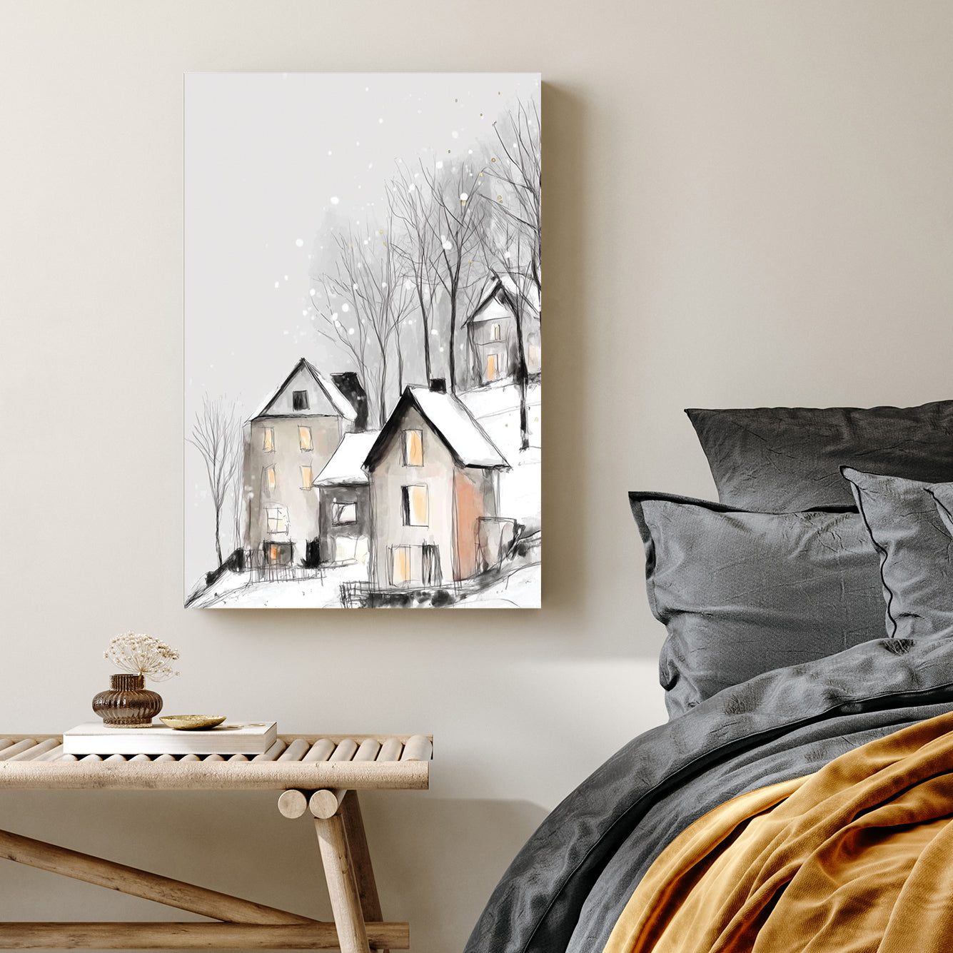 snowy hilltop village winter wall art illustration