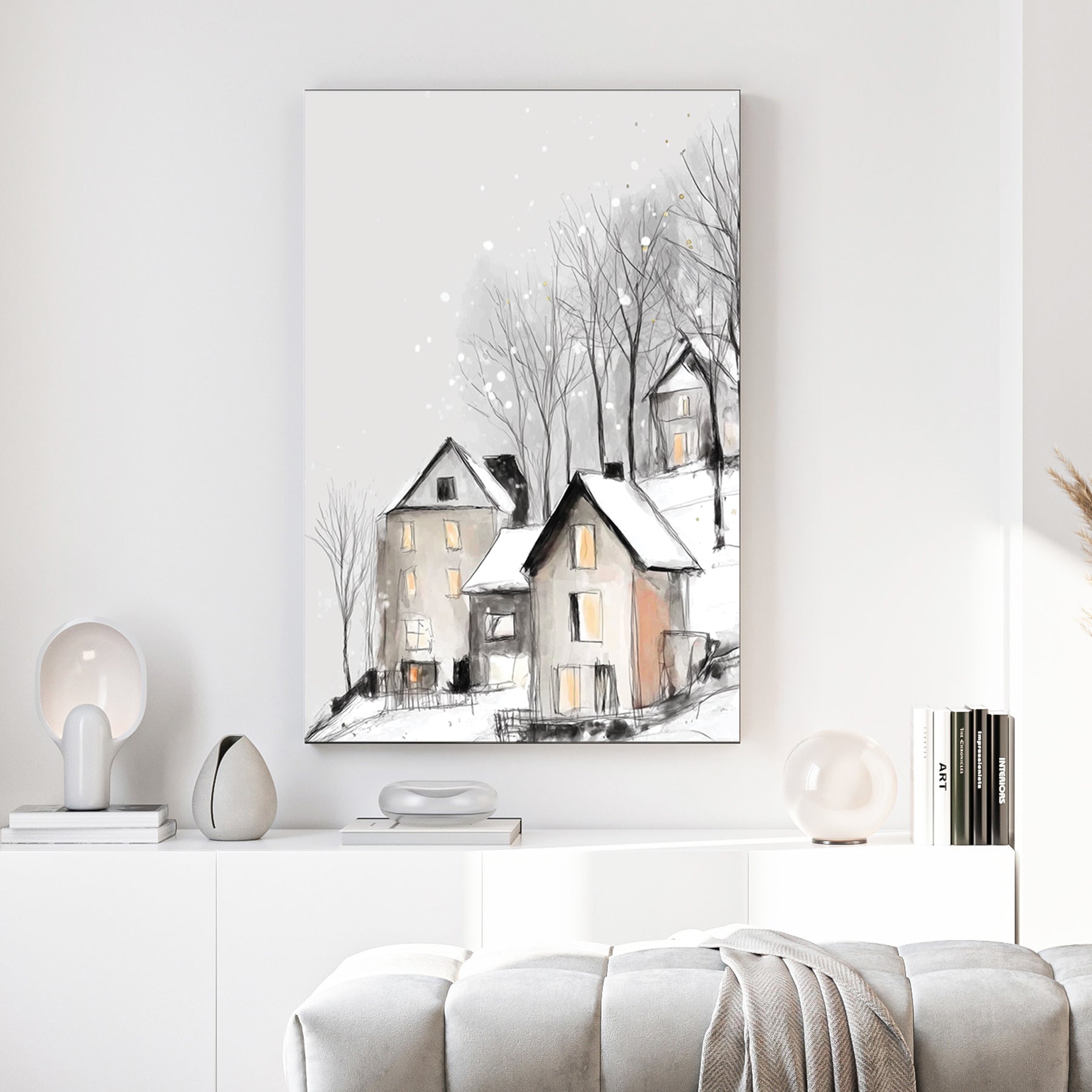 snowy hilltop village winter wall art illustration
