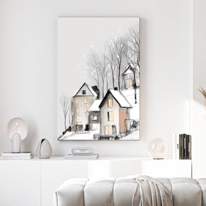 snowy hilltop village winter wall art illustration