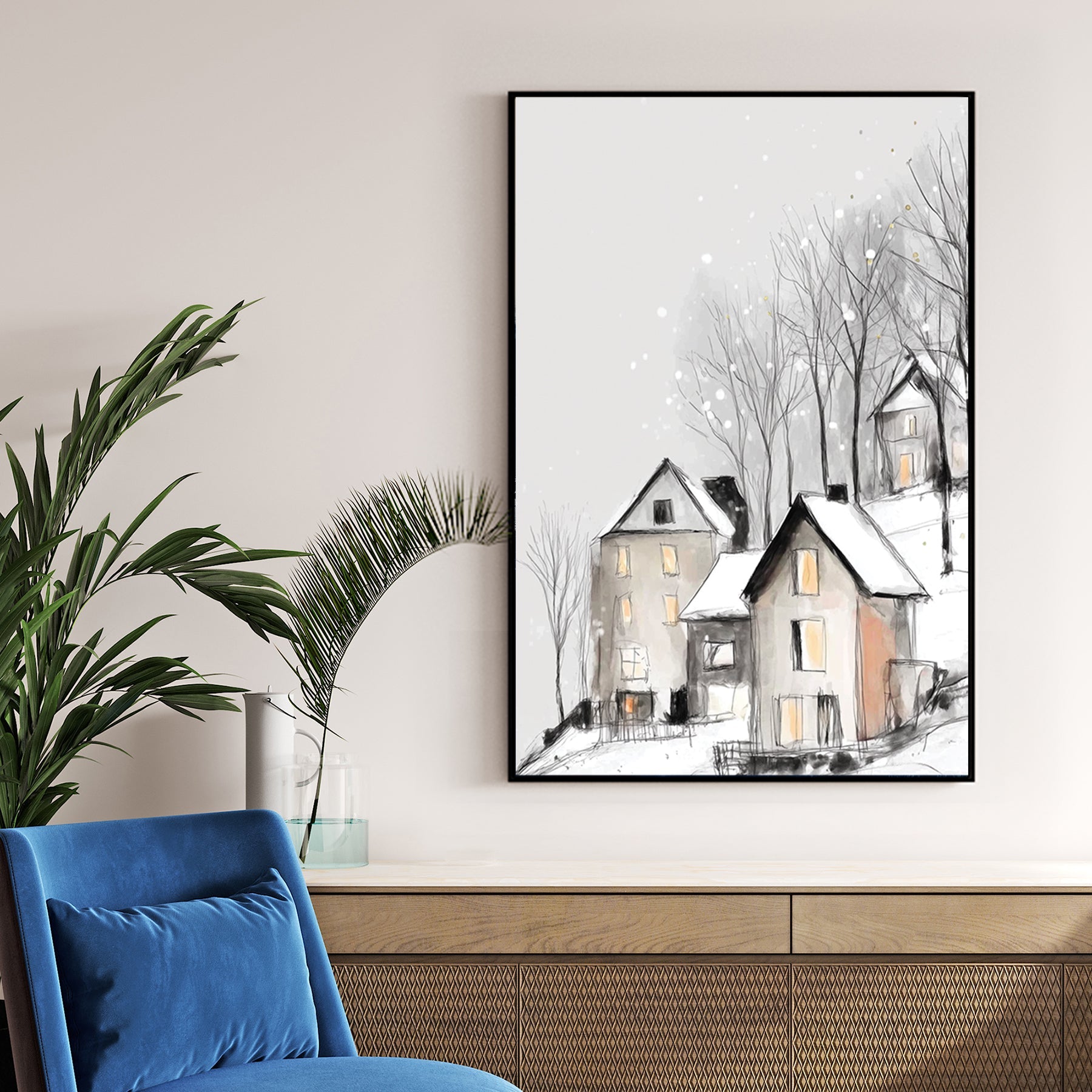 snowy hilltop village winter wall art illustration