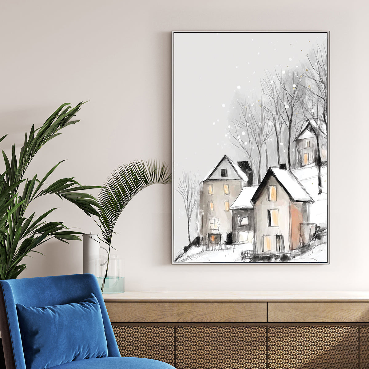 snowy hilltop village winter wall art illustration