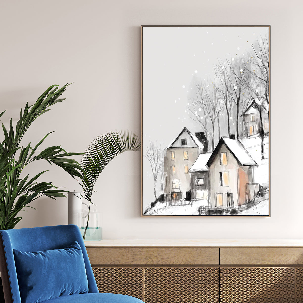 snowy hilltop village winter wall art illustration