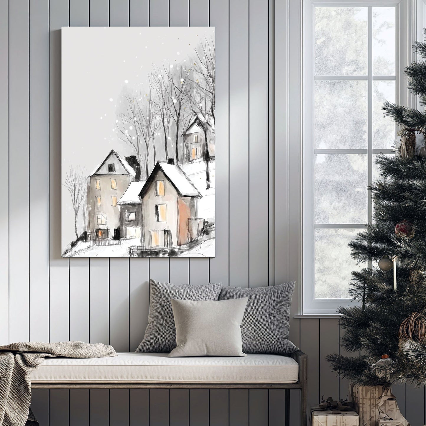 snowy hilltop village winter wall art illustration