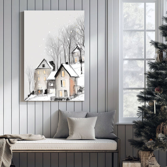 snowy hilltop village winter wall art illustration