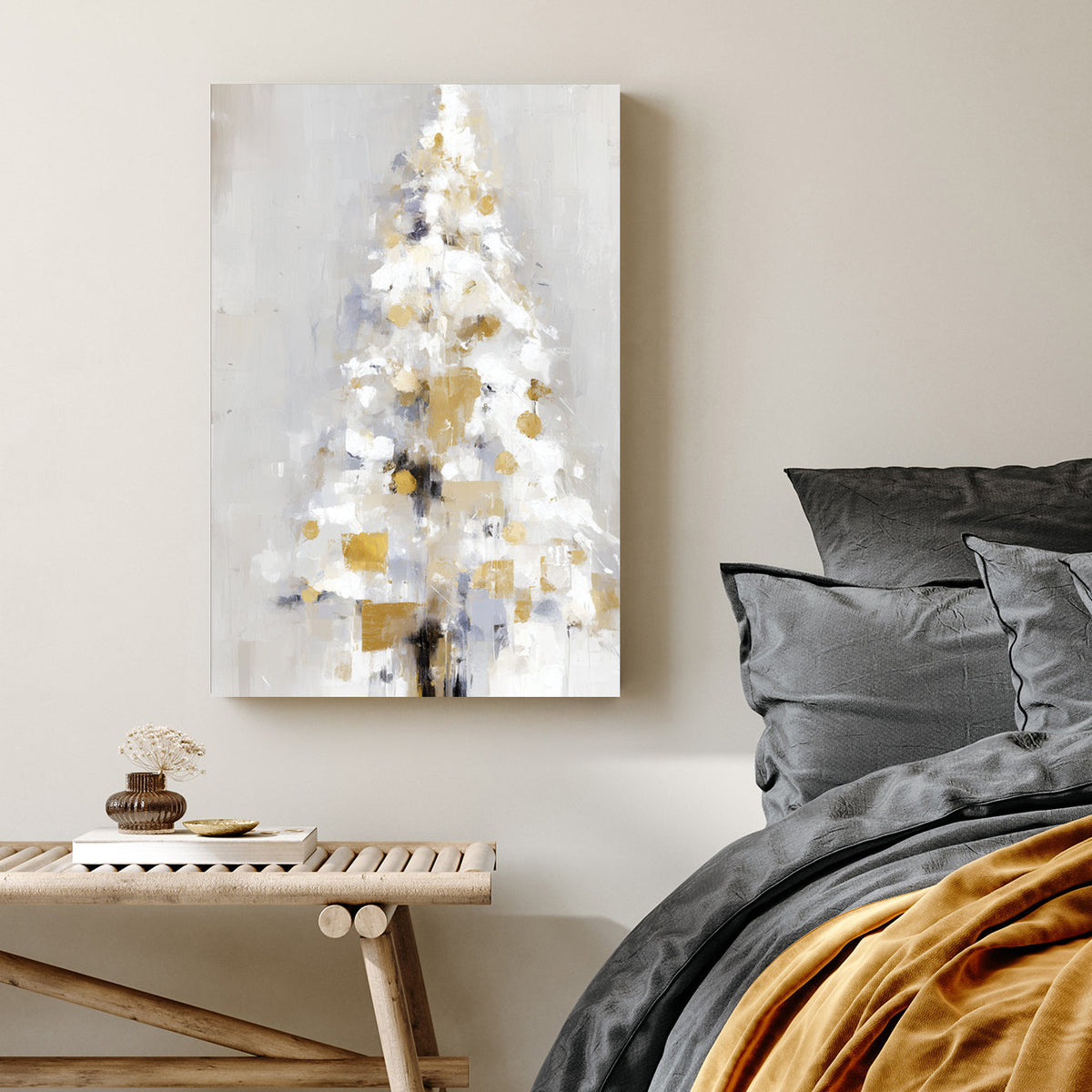 abstract gold and white Christmas tree wall art