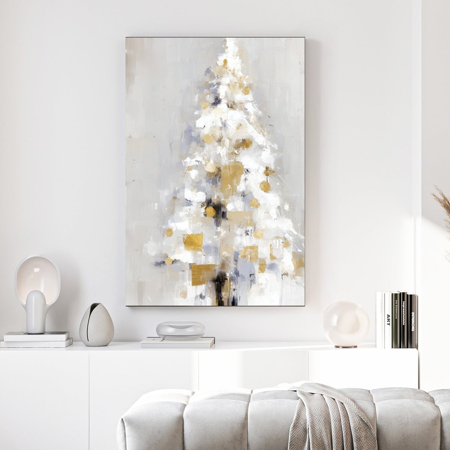 abstract gold and white Christmas tree wall art