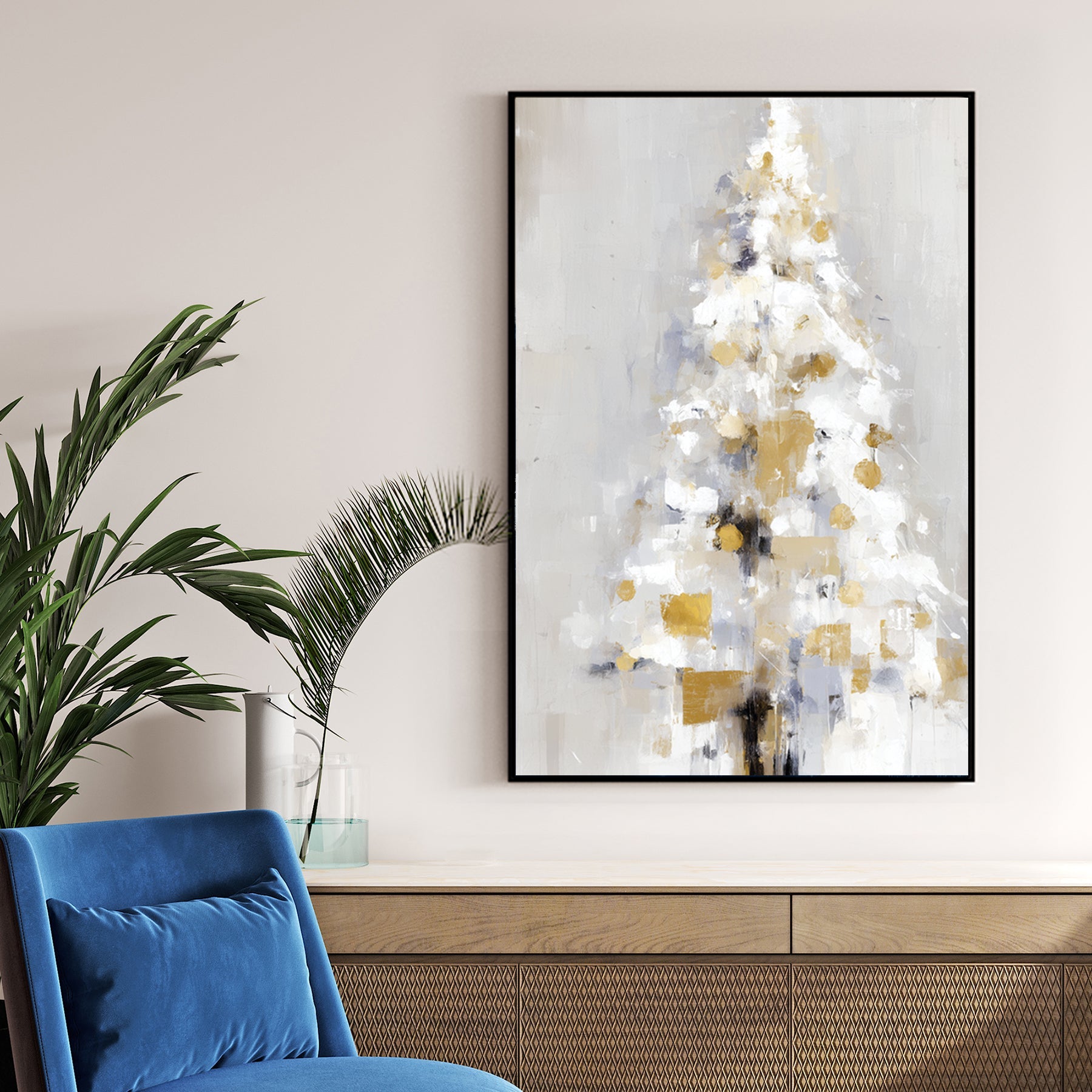 abstract gold and white Christmas tree wall art