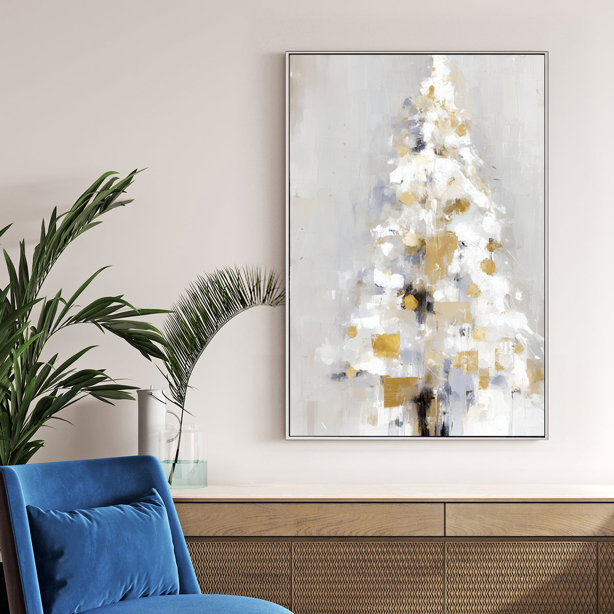abstract gold and white Christmas tree wall art