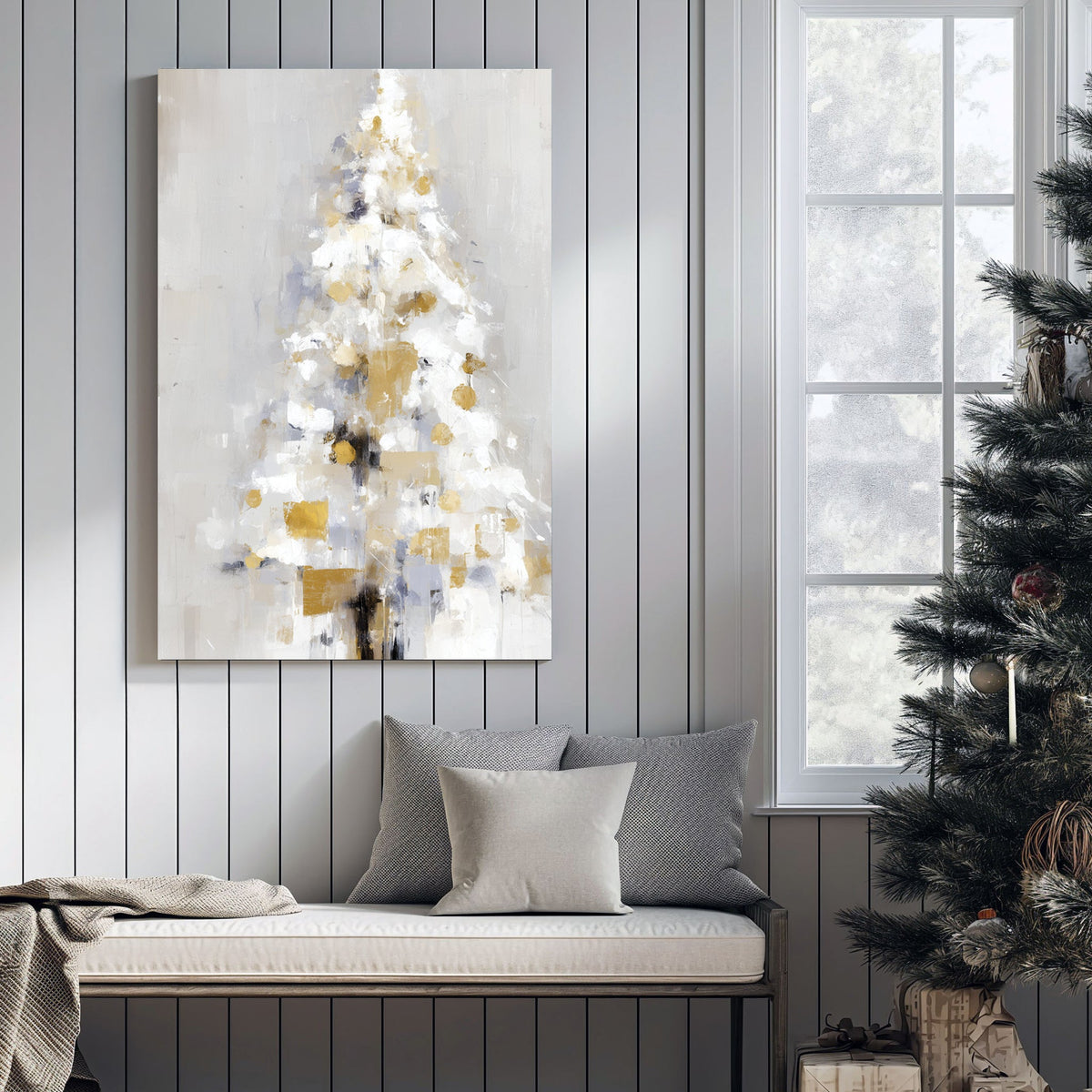 abstract gold and white Christmas tree wall art