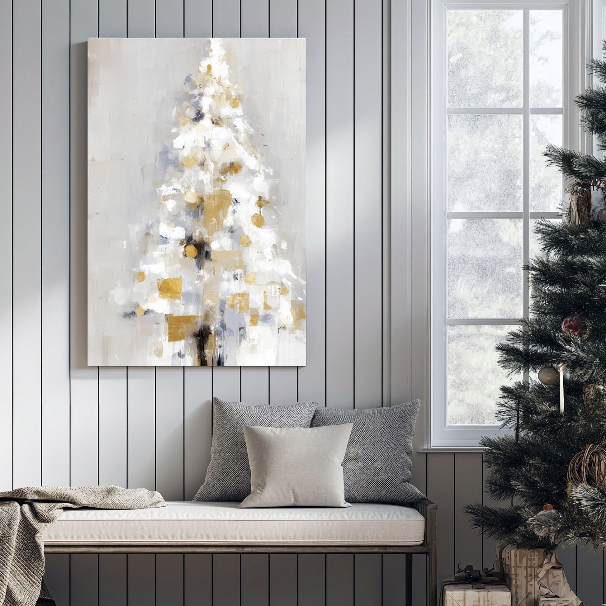abstract gold and white Christmas tree wall art