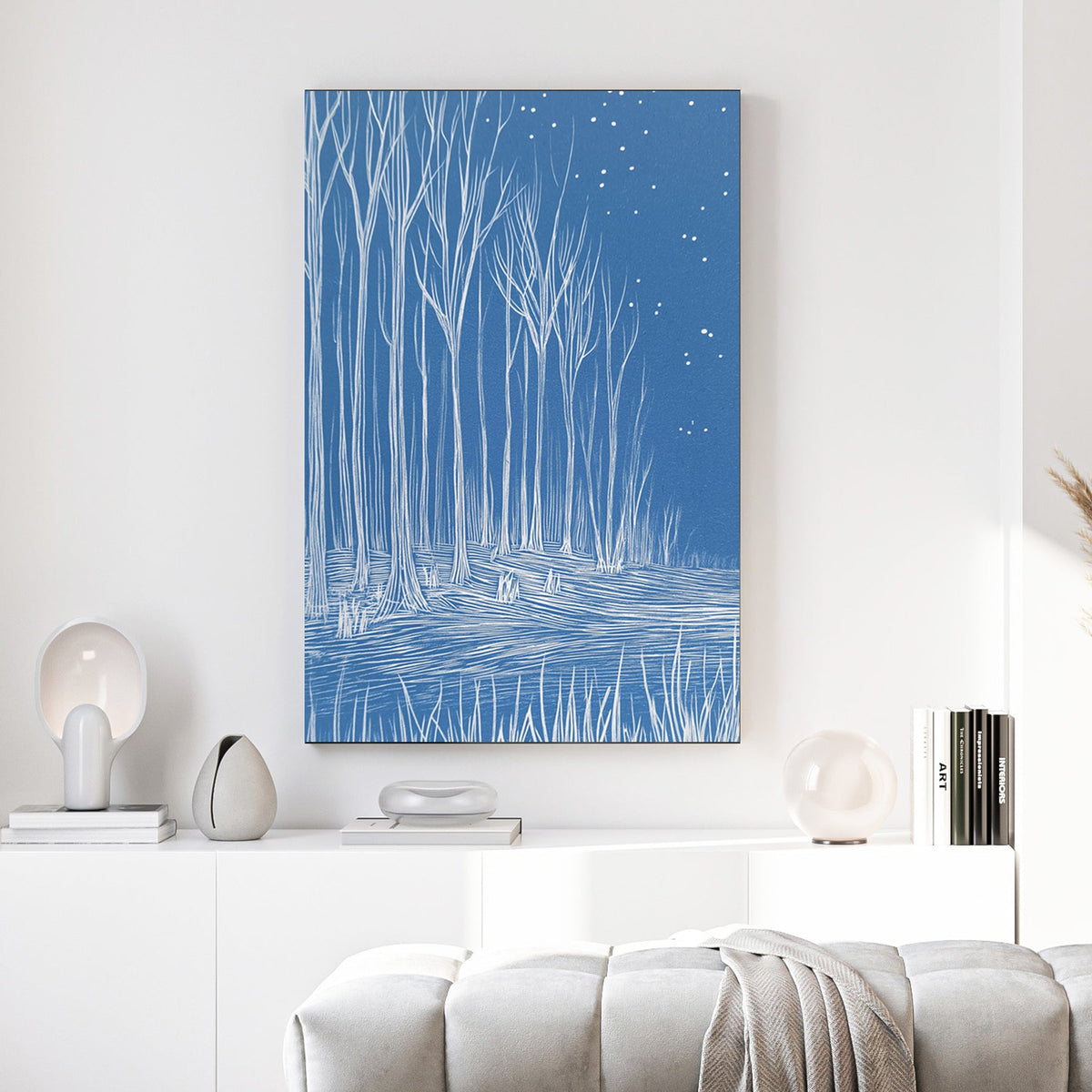 minimalist winter forest blue wall art illustration