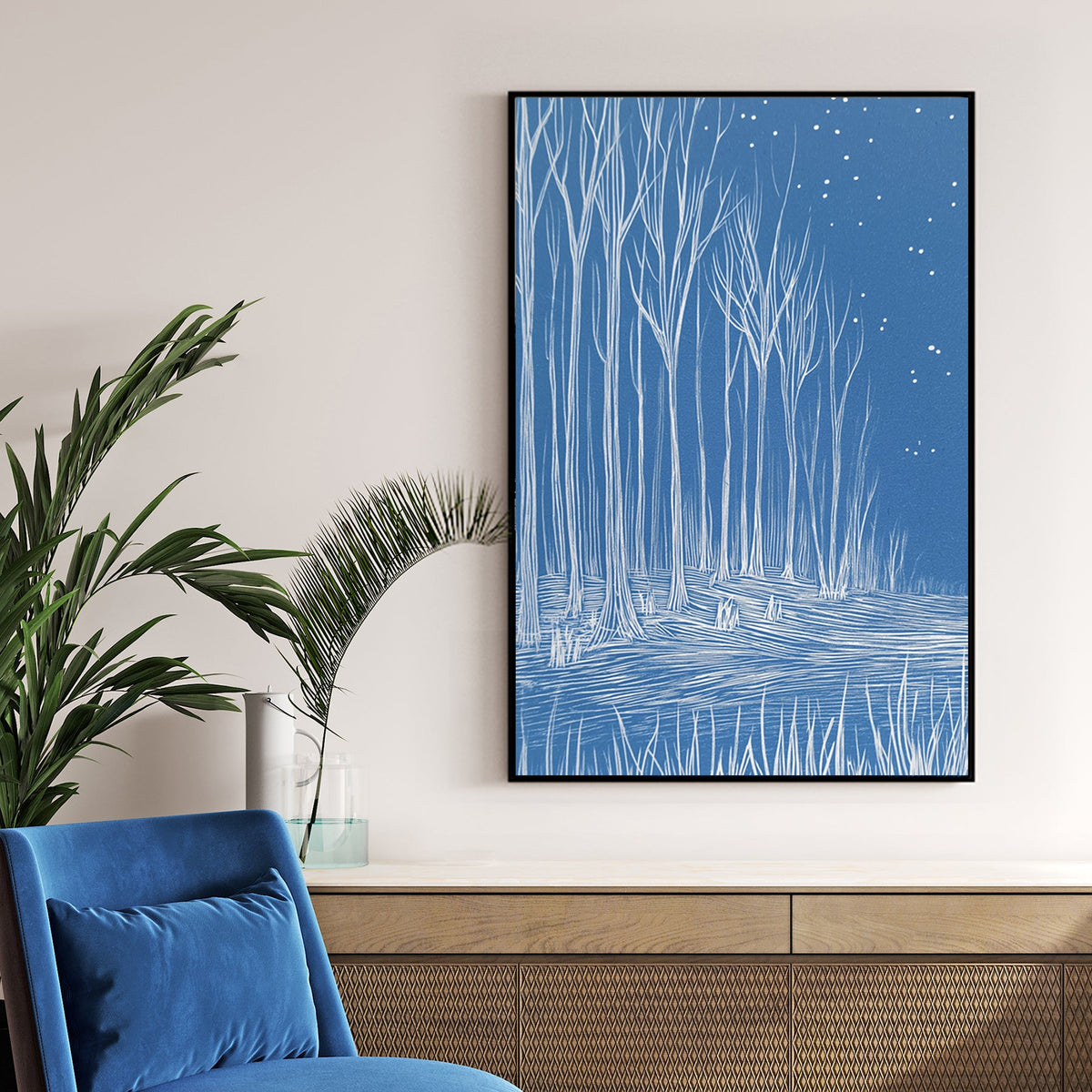 minimalist winter forest blue wall art illustration