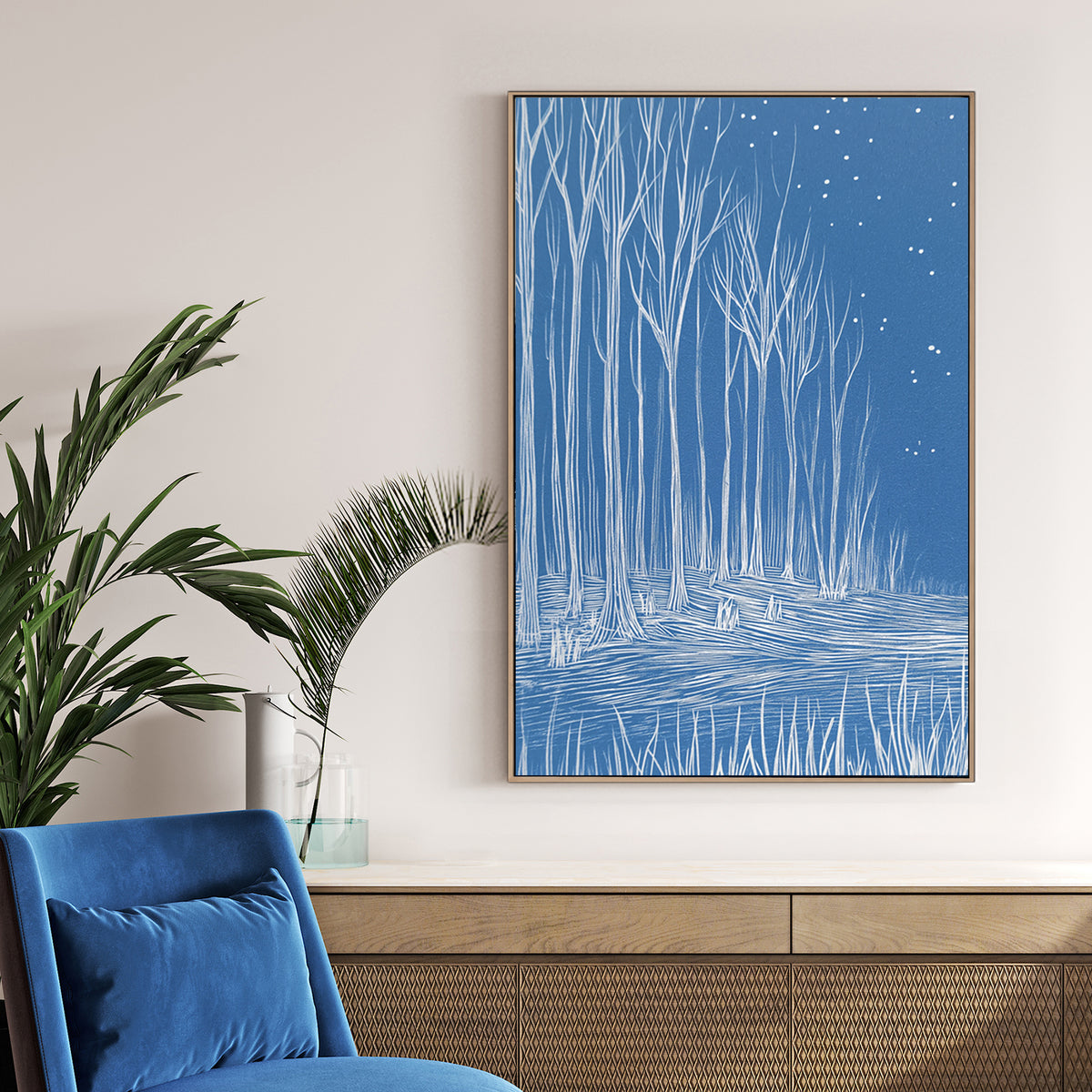 minimalist winter forest blue wall art illustration