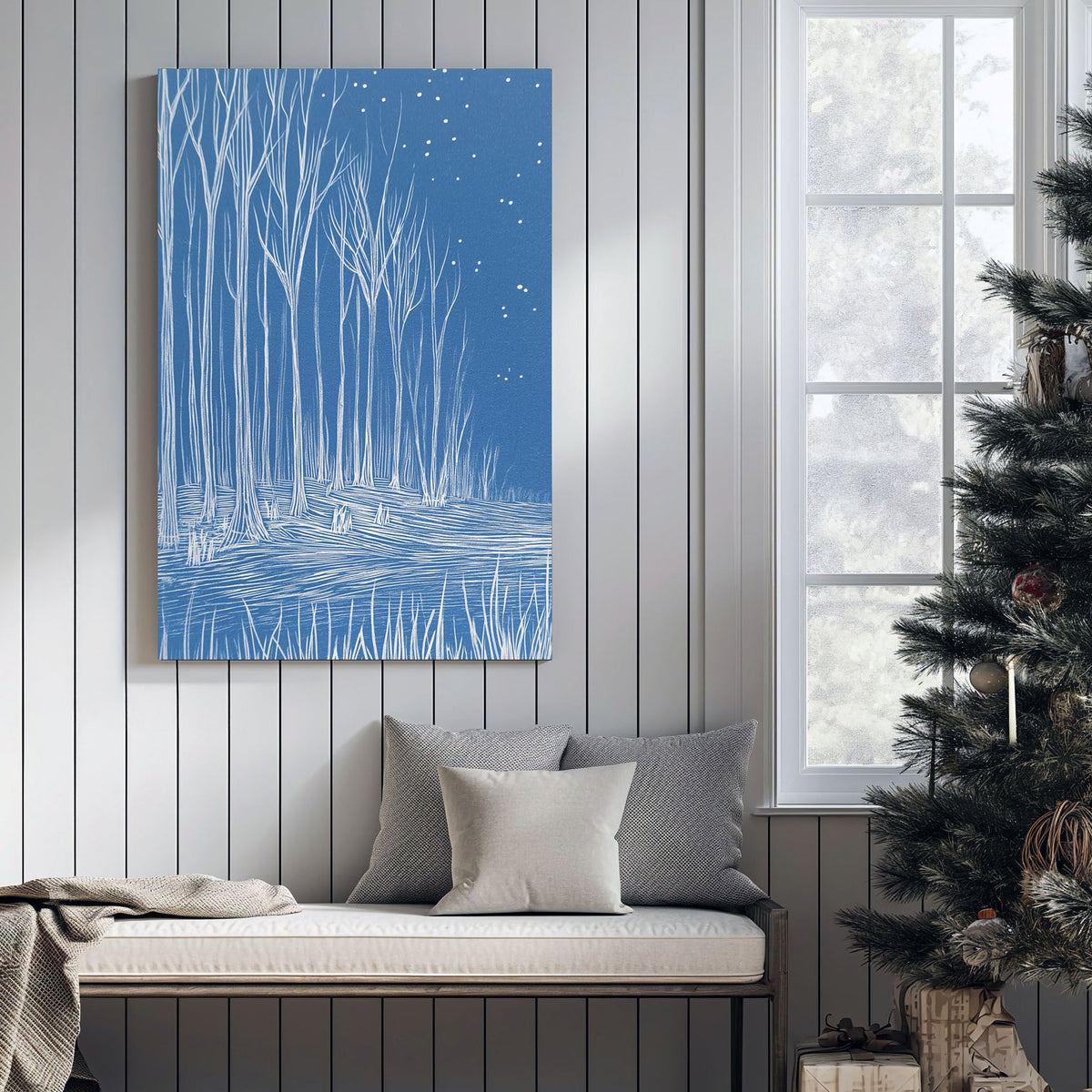 minimalist winter forest blue wall art illustration