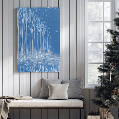 minimalist winter forest blue wall art illustration
