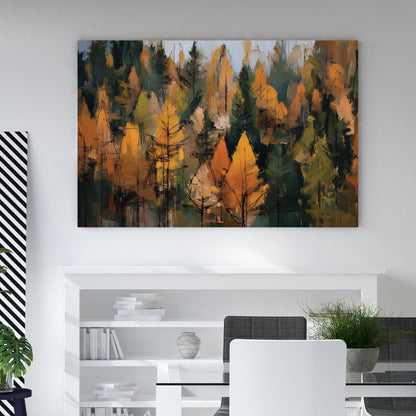 abstract autumn forest wall art in golden and green tones