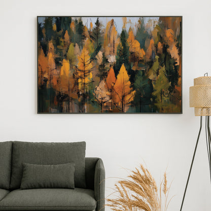 abstract autumn forest wall art in golden and green tones