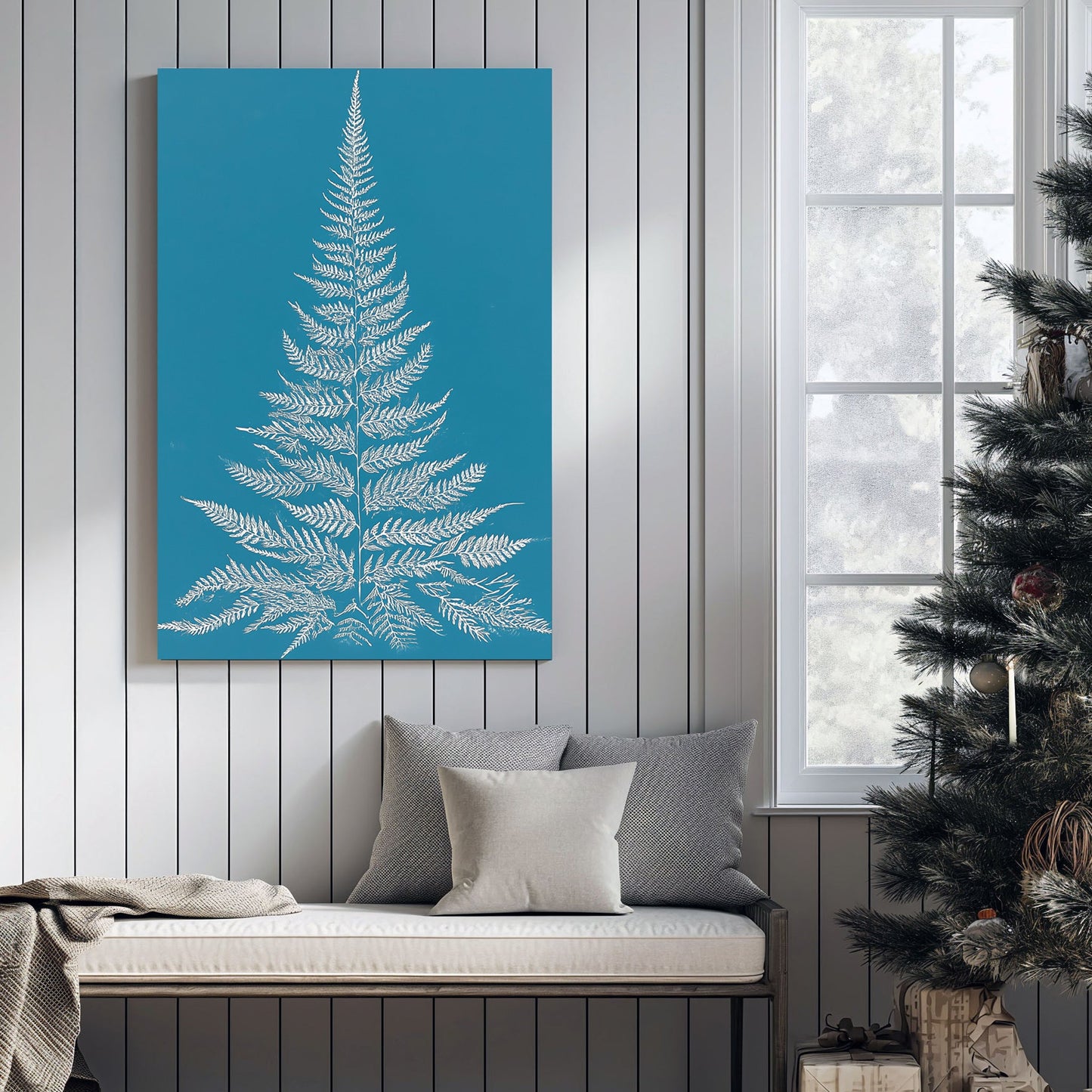 minimalist botanical Christmas tree teal wall art print